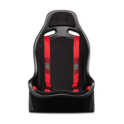 Vooraanzicht van de Next Level Racing Elite ES1 sim racing stoel met rode gordels.