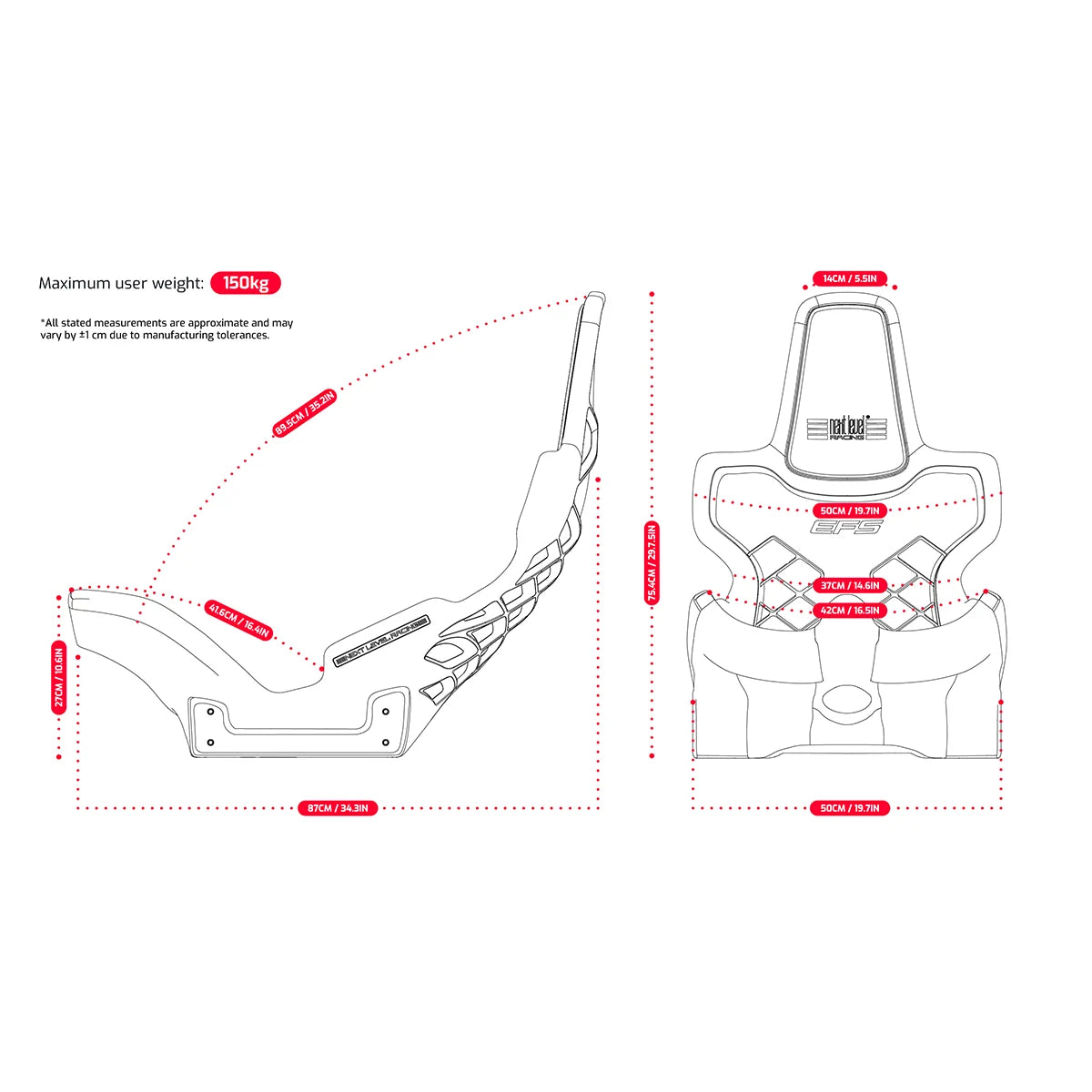 Afmetingen van de Next Level Racing Elite Formula Seat EFS sim racing stoel