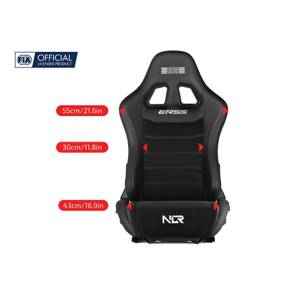 Vooraanzicht met afmetingen van de Next Level Racing ERS5 simracing stoel – ergonomisch design voor alle cockpittypes.