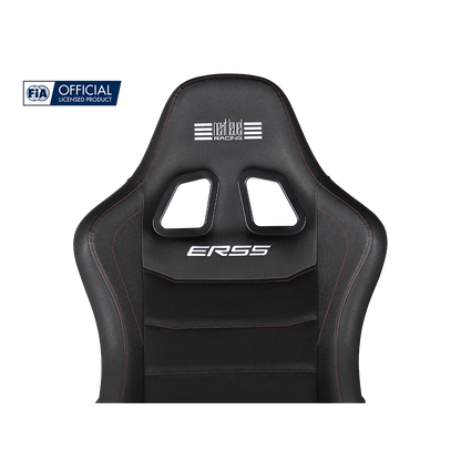 Close up van de rugleuning van de Next Level Racing ERS5 – FIA licensed simracing stoel met rode stiksels.