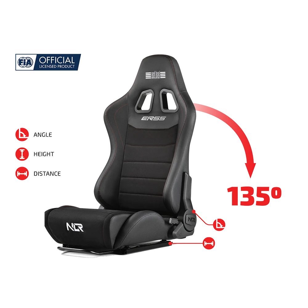 Verstelbare Next Level Racing ERS5 racestoel met 135° rugleuning – ideaal voor simracing en lange racesessies.