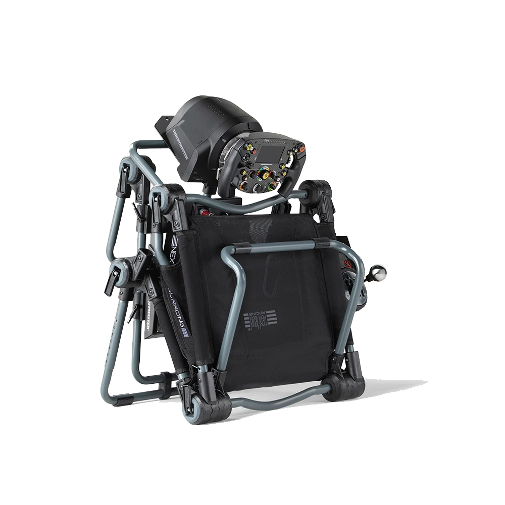 Opgevouwen Next Level Racing F-GT Lite – draagbare en compacte simracing cockpit voor eenvoudig opbergen.