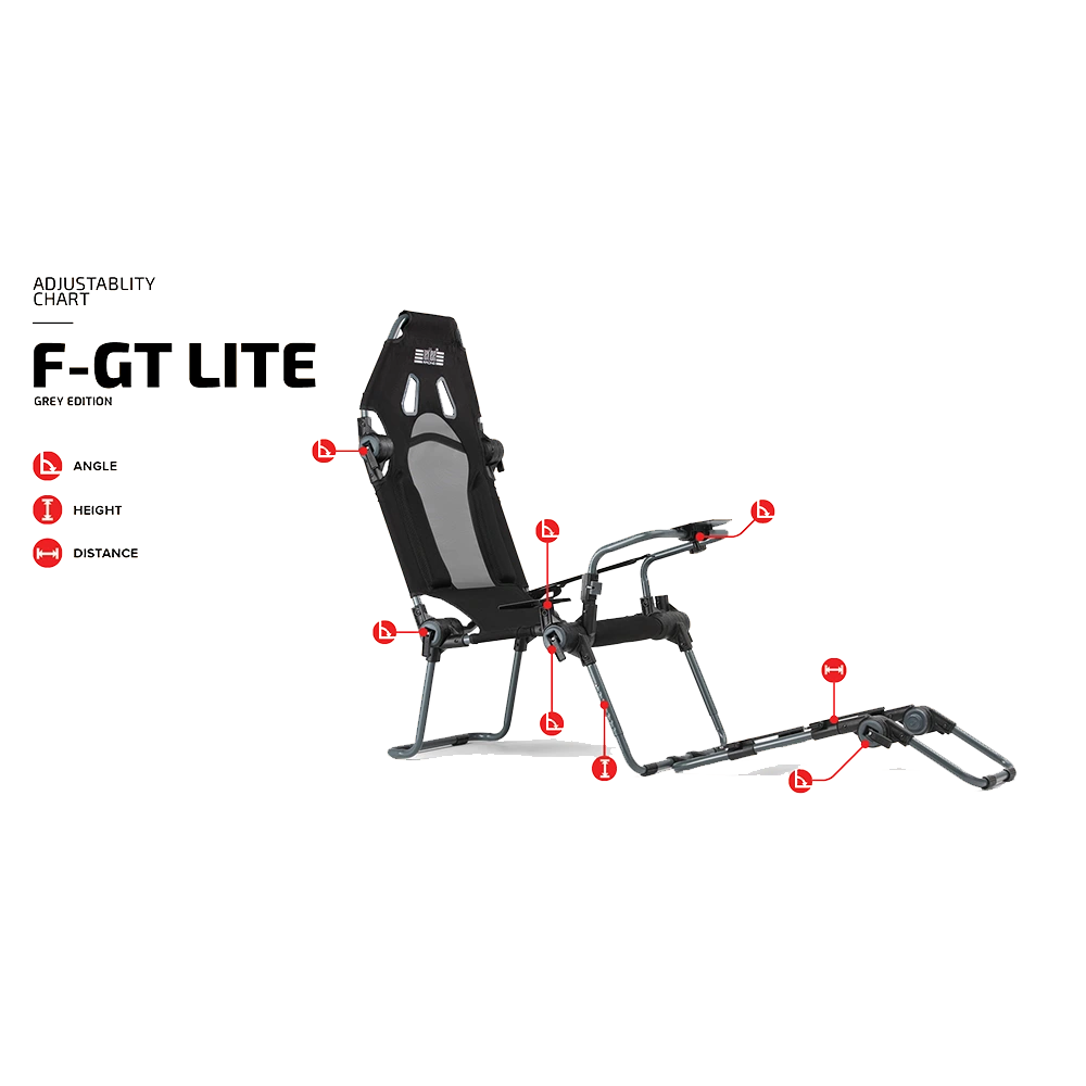 Volledig verstelbare Next Level Racing F-GT Lite cockpit – eenvoudig instelbaar voor verschillende racehoudingen.