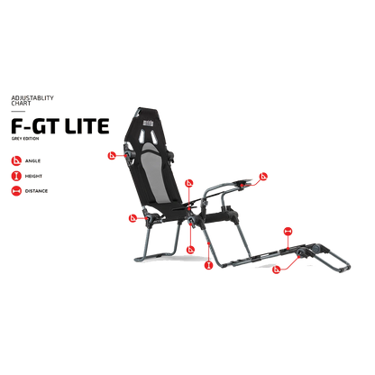 Volledig verstelbare Next Level Racing F-GT Lite cockpit – eenvoudig instelbaar voor verschillende racehoudingen.