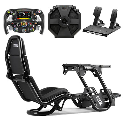 Next Level Racing F-GT Pro sim racing cockpit in GT racepositie met Thrustmaster Ferrari SF-25 F1 stuur, T598 Direct Drive wheelbase en Raceline LTE pedalen
