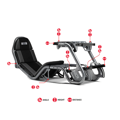 Volledig verstelbare Next Level Racing F-GT Pro cockpit – aanpasbare stuur- en pedaalposities.