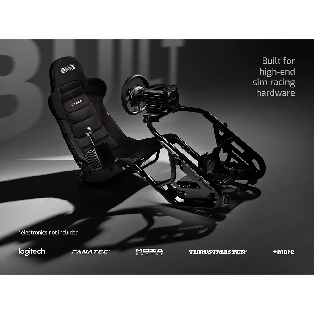 Next Level Racing F-GT Shift met optionele Fanatec Direct Drive wheelbase, racestuur, pedalen en versnellingspook