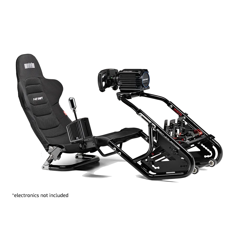 Next Level Racing F-GT Shift van voren met optionele Fanatec-stuurbasis, pedalen en versnellingspook