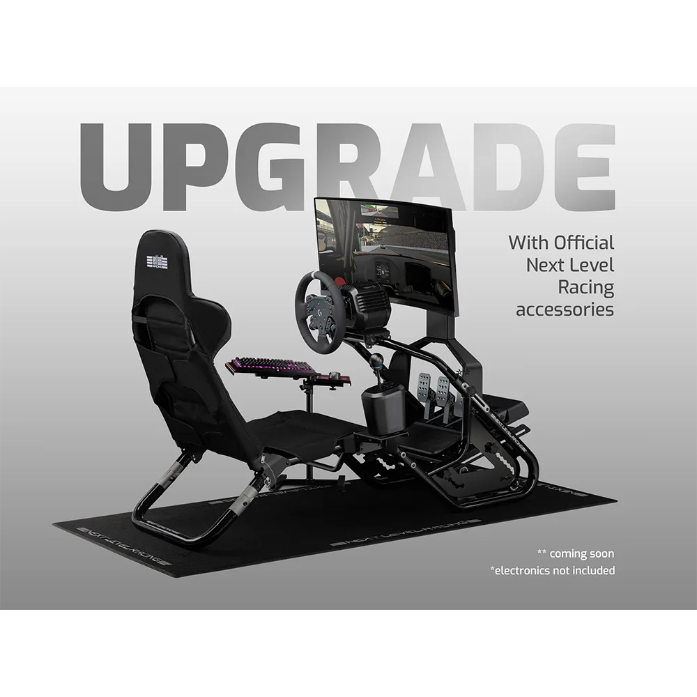 Next Level Racing F-GT Shift met optionele monitor, monitorsteun, toetsenbordstandaard en Logitech RS50