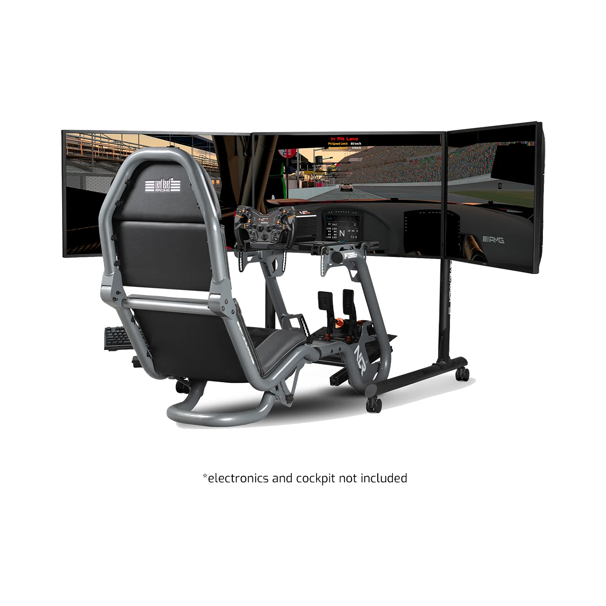 Next Level Racing triple monitor stand used with sim racing cockpit setup
