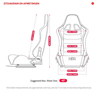 Zitdiagram en afmetingen van de NLR ERS5 simracestoel met breedte en hoogte maten