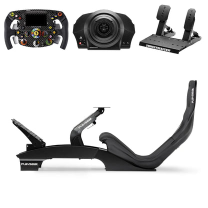 Zijaanzicht van de Playseat F1 Black simrace cockpit met Thrustmaster SF1000 stuurset en pedalen voor een realistische Formule 1 racepositie.