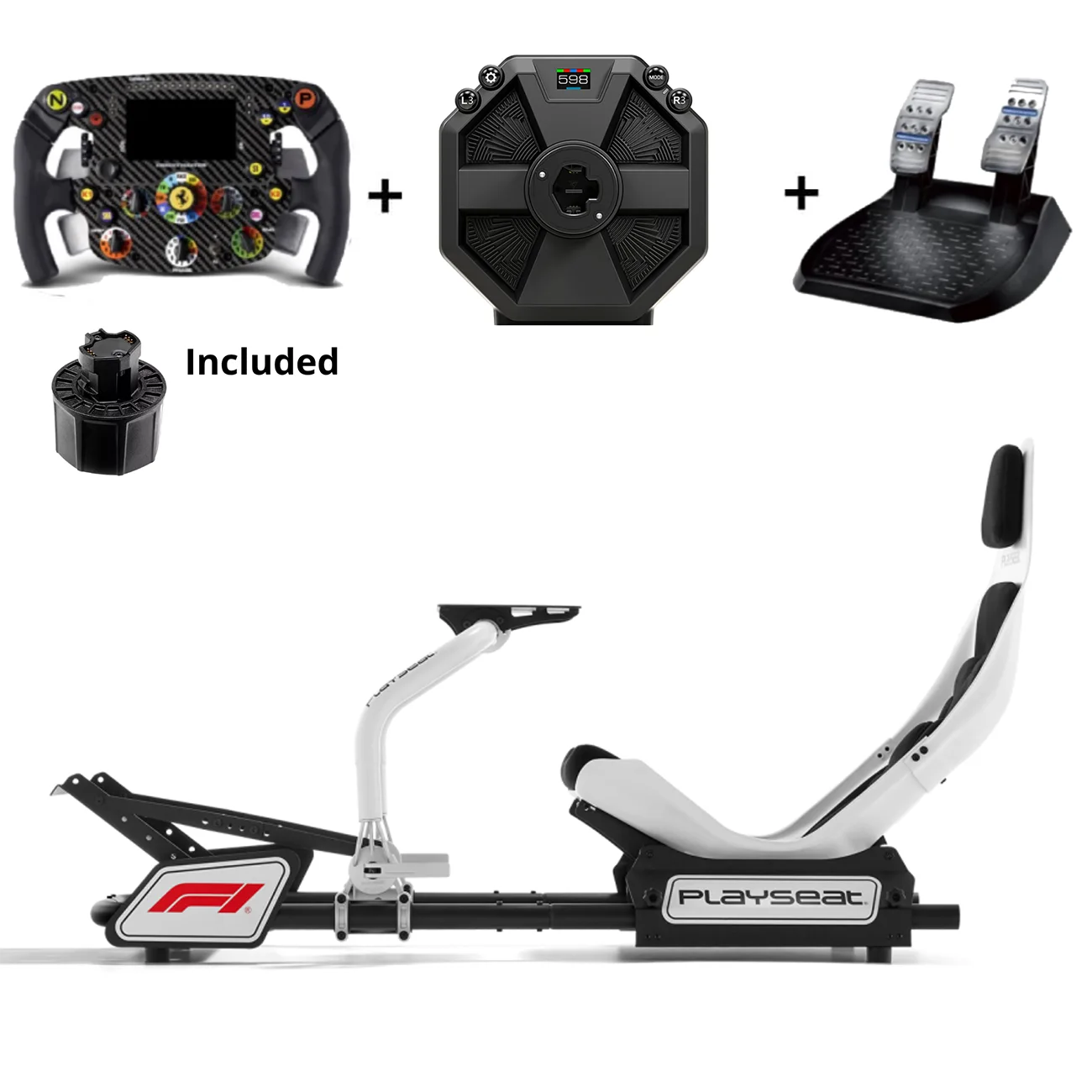 Playseat F1 Instinct bundel met Thrustmaster T598 wheelbase, Ferrari SF1000 stuur, F1 pedalen en quick release adapter