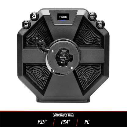 Thrustmaster T598 Direct Drive wheel base front view with ecosystem upgrade options