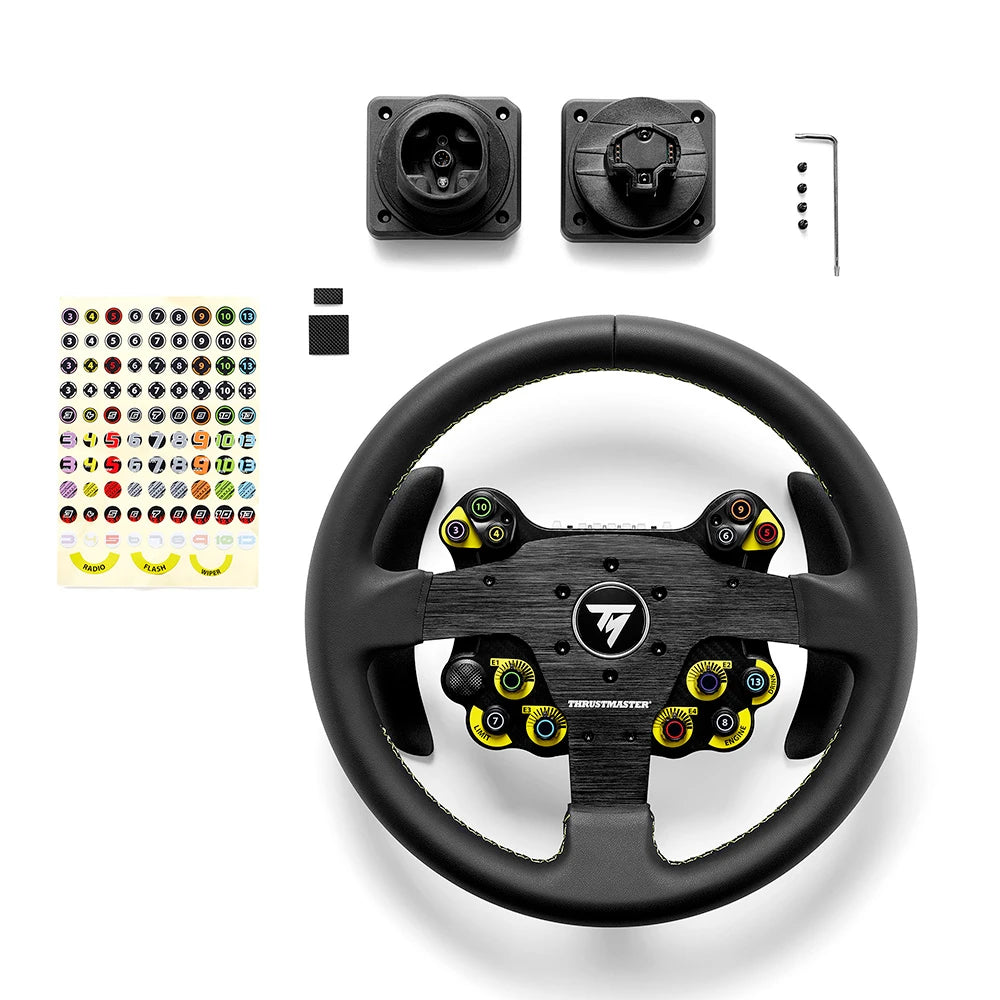 Inhoud van de doos van de Thrustmaster Evo Racing 32R Leather Add-on met hub en accessoires
