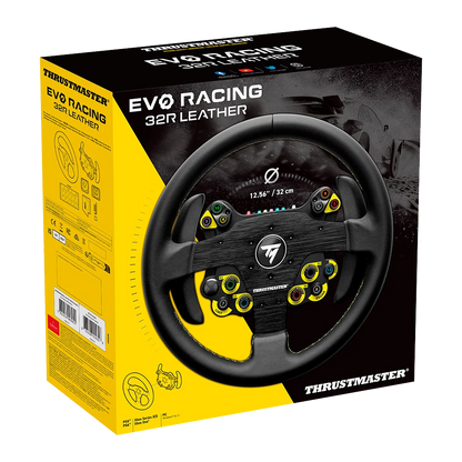 Verpakking van de Thrustmaster Evo Racing 32R Leather Add-on met 32 cm leren stuur