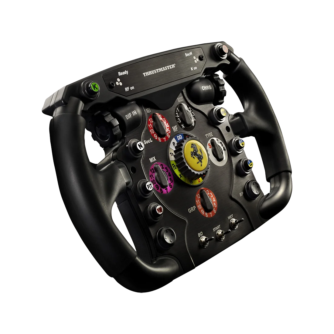 Schuin zijaanzicht van de Thrustmaster Ferrari F1 simrace Add On stuur