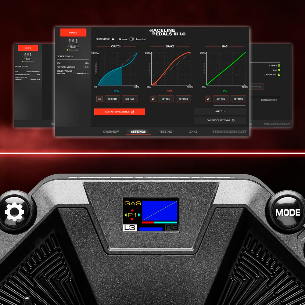 Thrustmaster Raceline pedalen configuratie met rem, gas en koppeling instellingen