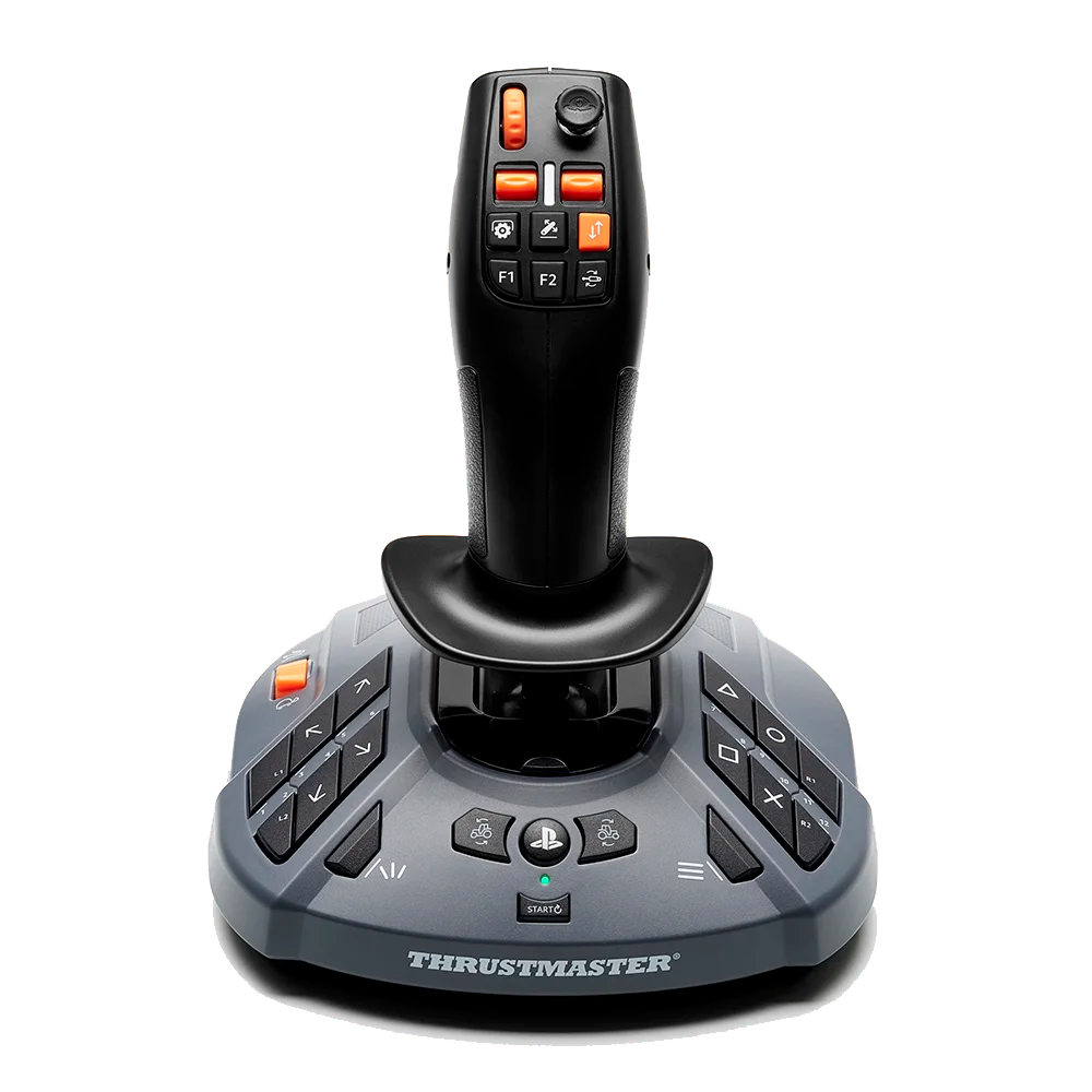 Vooraanzicht van Thrustmaster SimTask FarmStick PlayStation met bedieningsknoppen