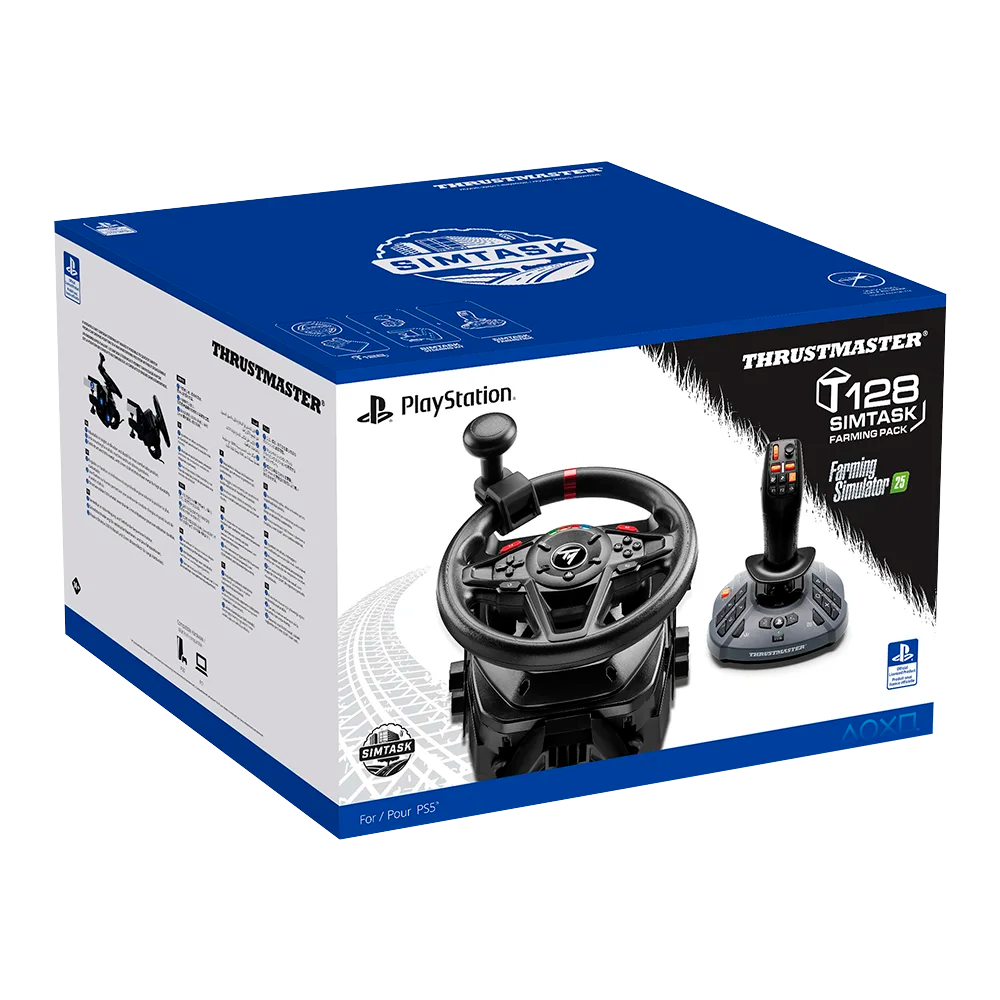 Verpakking van de Thrustmaster T128 SimTask Farming Pack voor PlayStation 5
