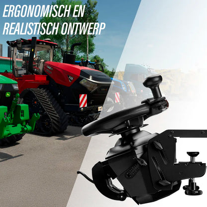 Thrustmaster T128 met SimTask Steering Kit voor een realistische tractor rijpositie