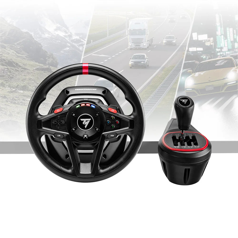 Thrustmaster T128 racestuur en TH8S shifter gemonteerd op tafel