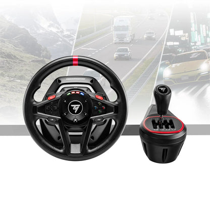 Thrustmaster T128 racestuur en TH8S shifter gemonteerd op tafel
