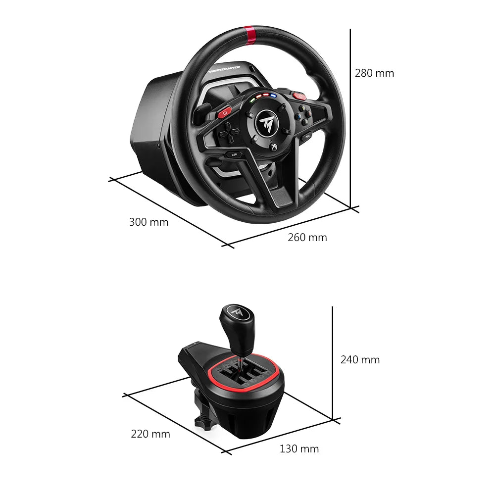 Afmetingen van het Thrustmaster T128-x simrace stuur en de TH8S shifter