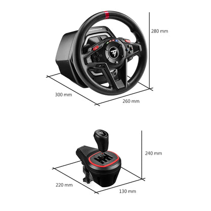 Afmetingen van het Thrustmaster T128-x simrace stuur en de TH8S shifter