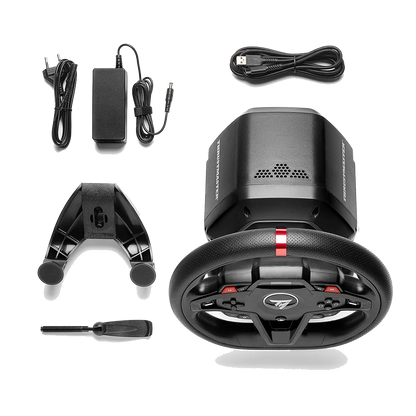 Inhoud van de Thrustmaster T248R doos – stuur, pedalen, kabels, voeding en bevestigingsklem.