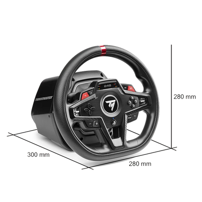 Thrustmaster T248R racestuur – afmetingen 280×300×280 mm – stuurwielbasis met display en bediening.