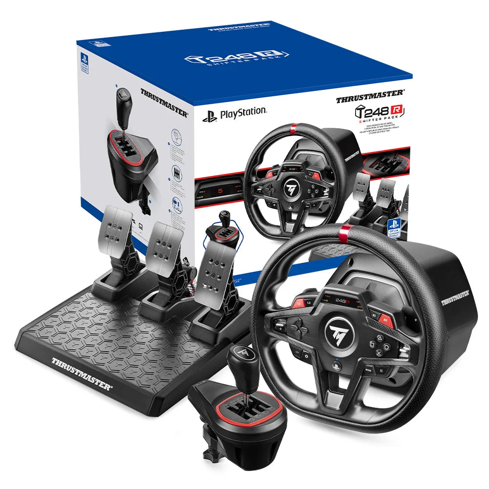 Thrustmaster T248R Shifter Pack verpakking met racestuur T3PM pedalen en TH8S shifter
