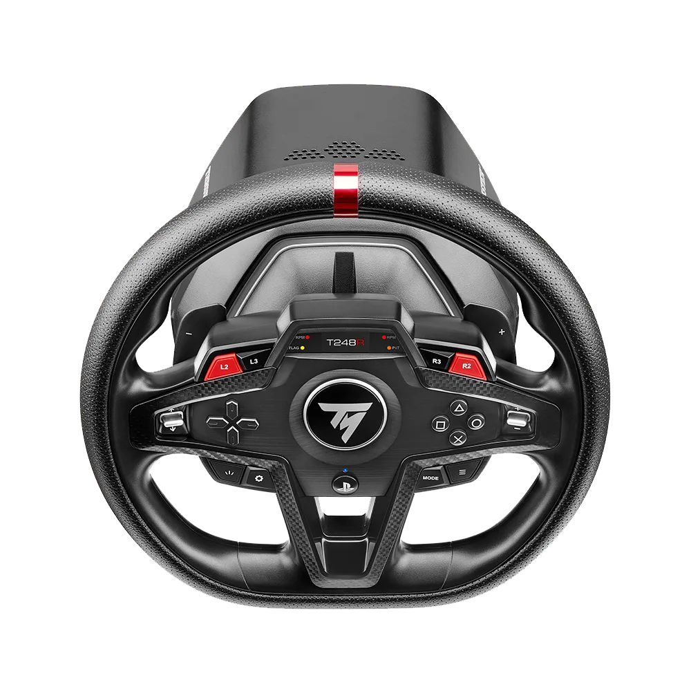 Bovenaanzicht van de Thrustmaster T248R stuurunit met rode centermarkering en bedieningslayout.