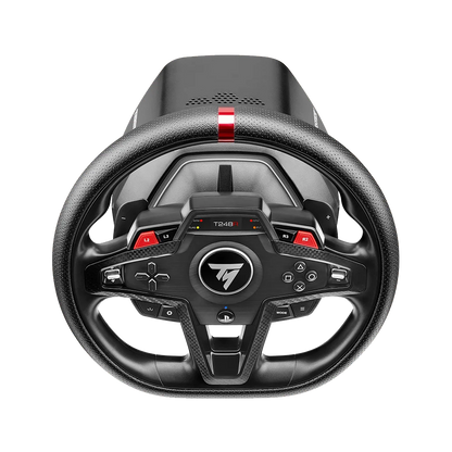 Bovenaanzicht van de Thrustmaster T248R stuurunit met rode centermarkering en bedieningslayout.