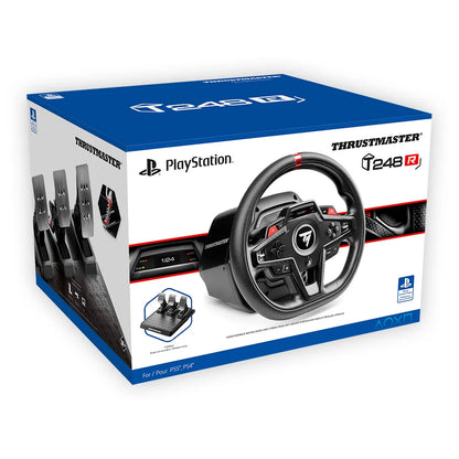 Verpakking van de Thrustmaster T248R racestuurset voor PS5, PS4 en PC met T3PM pedalen.
