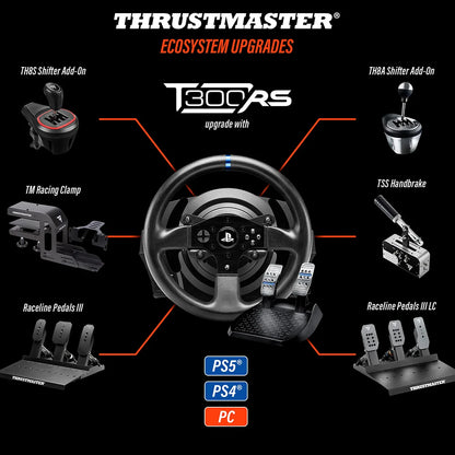Overzicht van compatibele Thrustmaster T300 RS GT accessoires waaronder shifters, handrem en Raceline pedalen