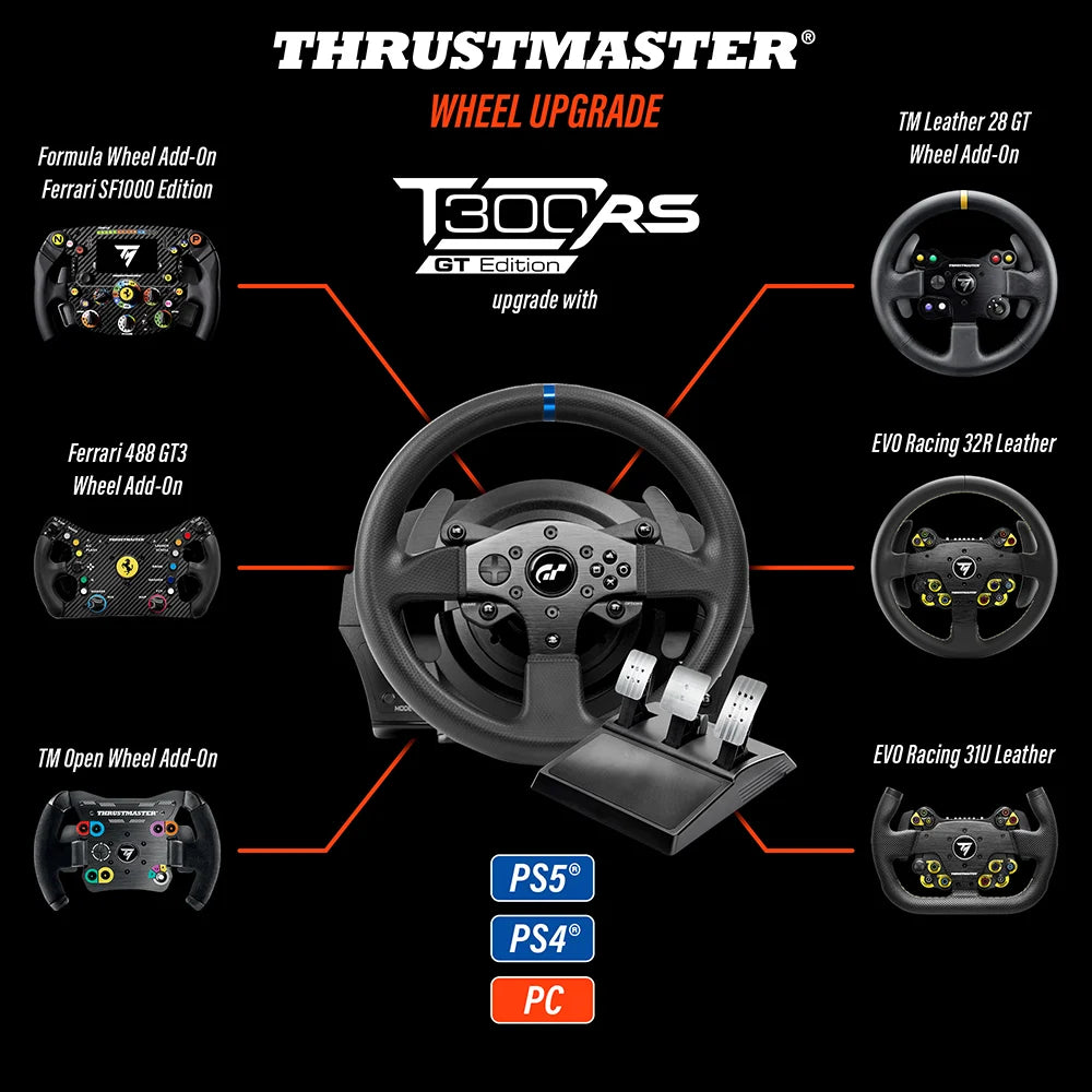 Thrustmaster T300 RS GT met verschillende compatibele add on racesturen voor Formule 1, GT en simracing
