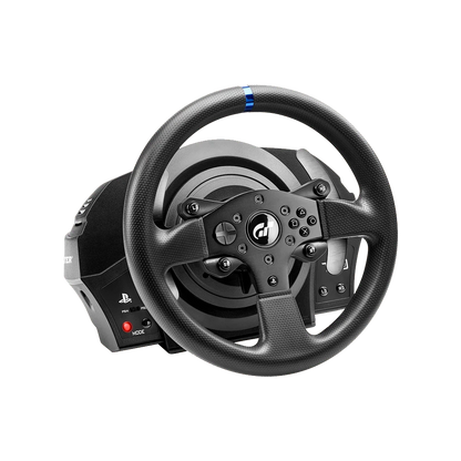 Thrustmaster T300 RS GT racestuur en wheelbase vanuit schuin vooraanzicht met Gran Turismo logo