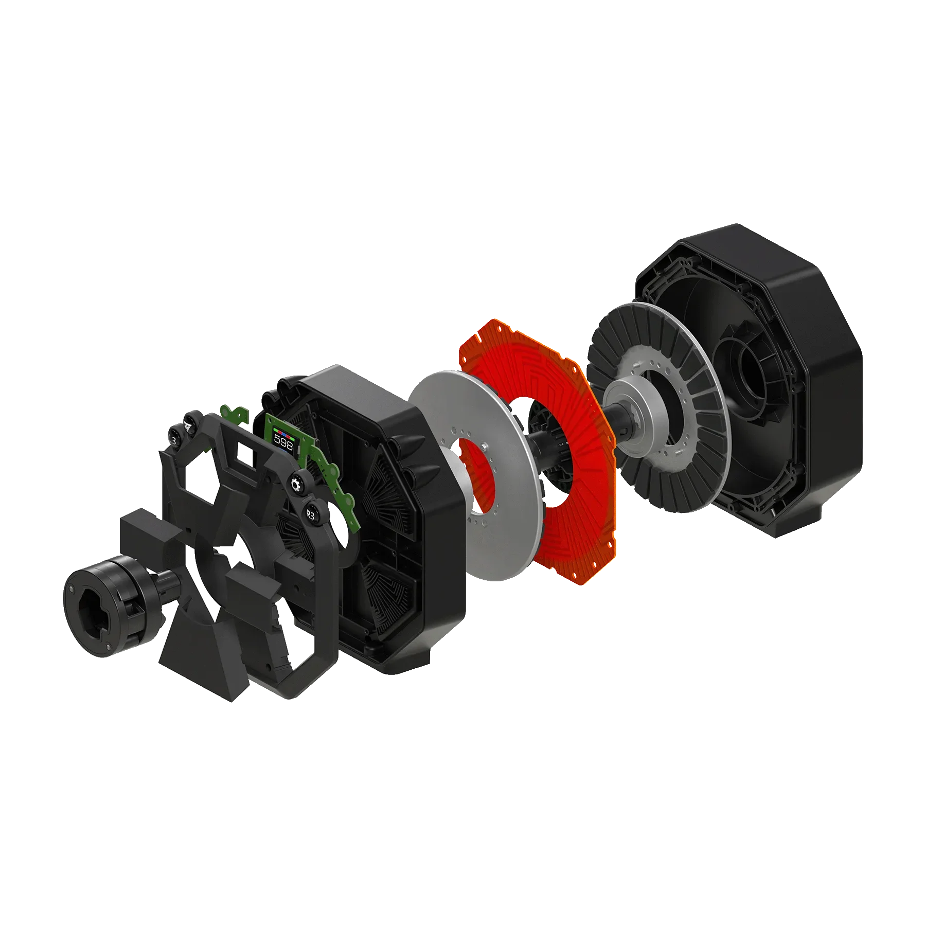 Exploded view van de Thrustmaster T598 Direct Axial Drive motor met 5Nm constant en 10Nm piek Force Feedback.