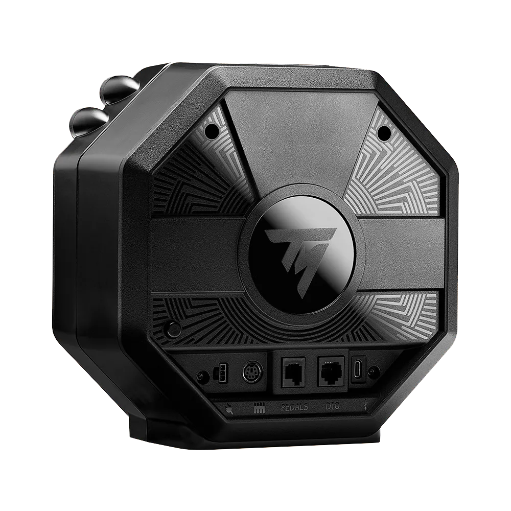 Achterzijde van de Thrustmaster T598-X met aansluitingen voor pedalen en accessoires