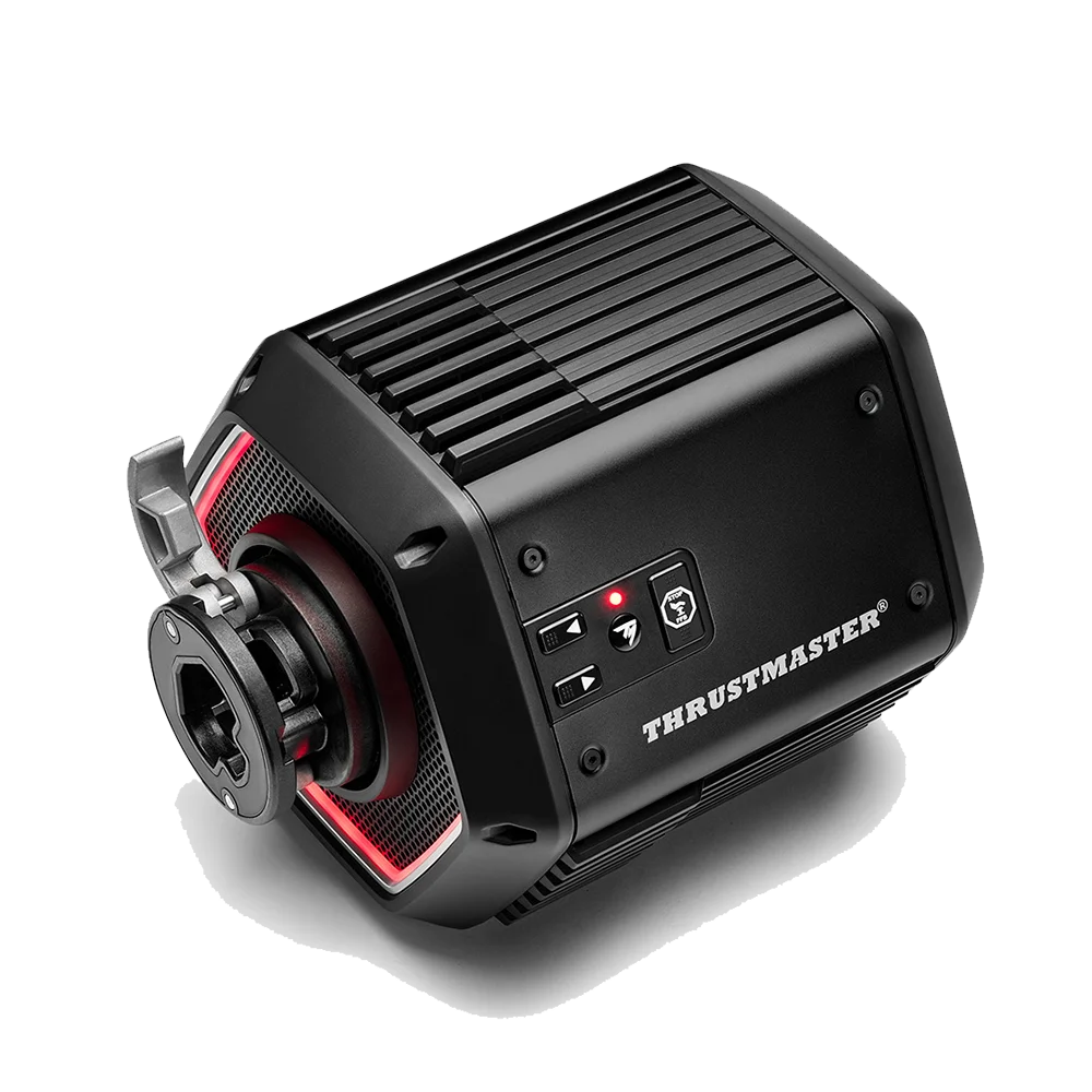 Schuin aanzicht van de Thrustmaster T818 Black Edition Direct Drive wheelbase