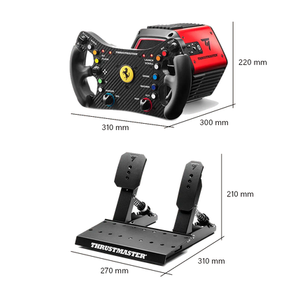 Afmetingen van de Thrustmaster T818 Ferrari 488 GT3 wheelbase en Raceline LTE Pedals