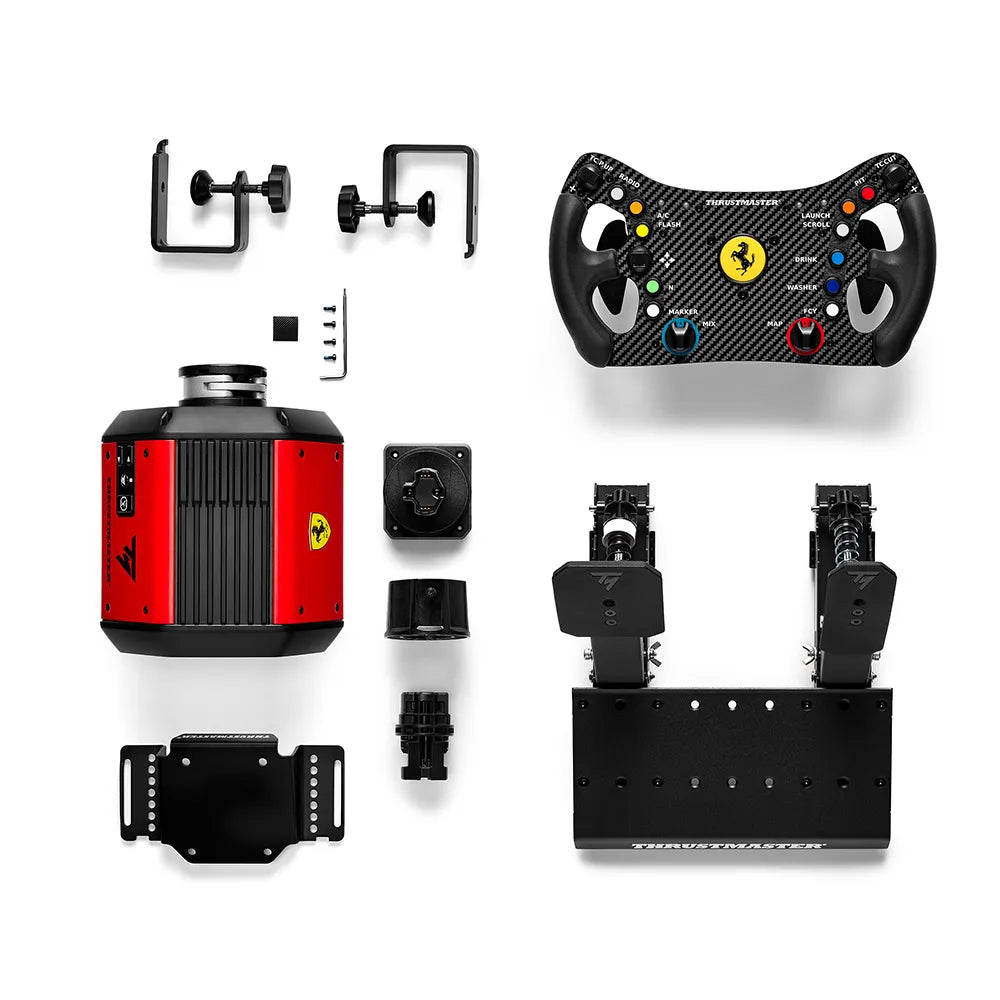 Inhoud van de Thrustmaster T818 Ferrari 488 GT3 bundle met stuur, pedalen en montageaccessoires
