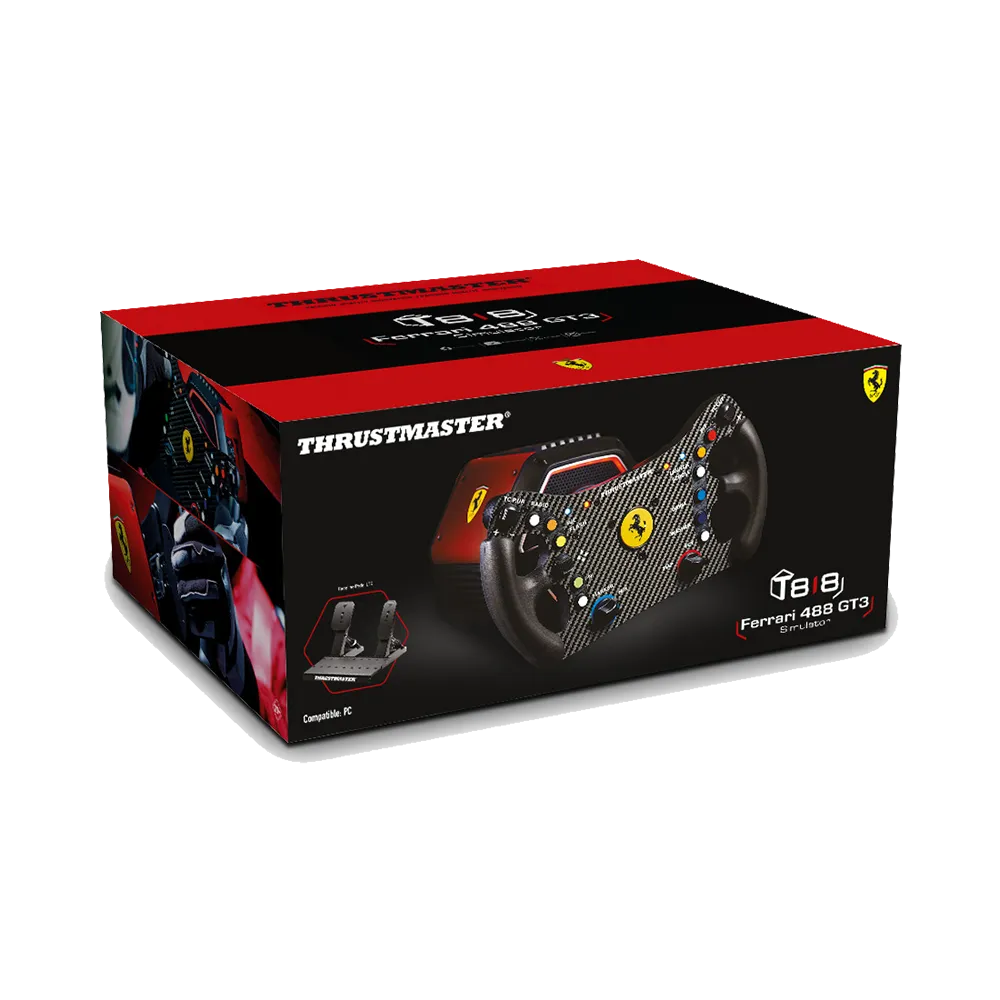 Verpakking van de Thrustmaster T818 Ferrari 488 GT3 Simulator bundle voor PC