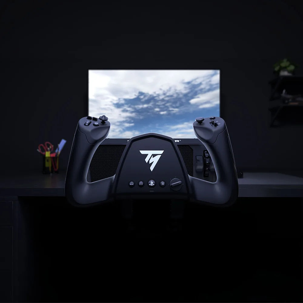 Thrustmaster TCA Sky Yoke-P op een bureau voor een beeldscherm met vluchtsimulator