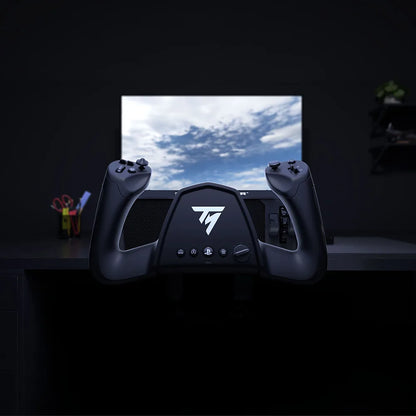 Thrustmaster TCA Sky Yoke-P op een bureau voor een beeldscherm met vluchtsimulator