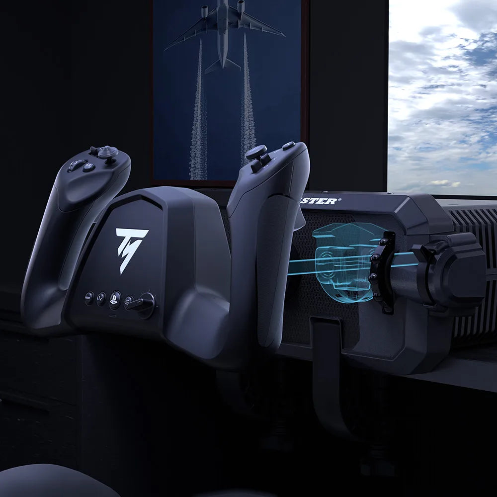 Thrustmaster TCA Sky Yoke-P gemonteerd voor een beeldscherm met cockpitinstrumenten