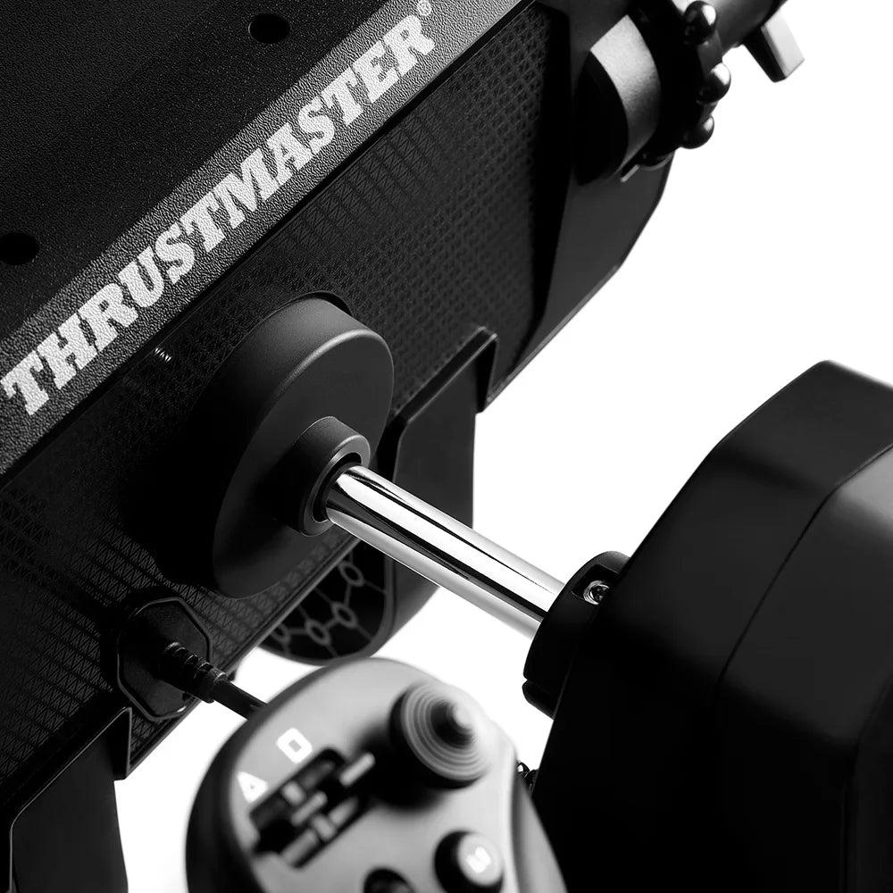 Close-up van de stalen pitch-as tussen de basis en stuurhoorn van de TCA Sky Yoke-P