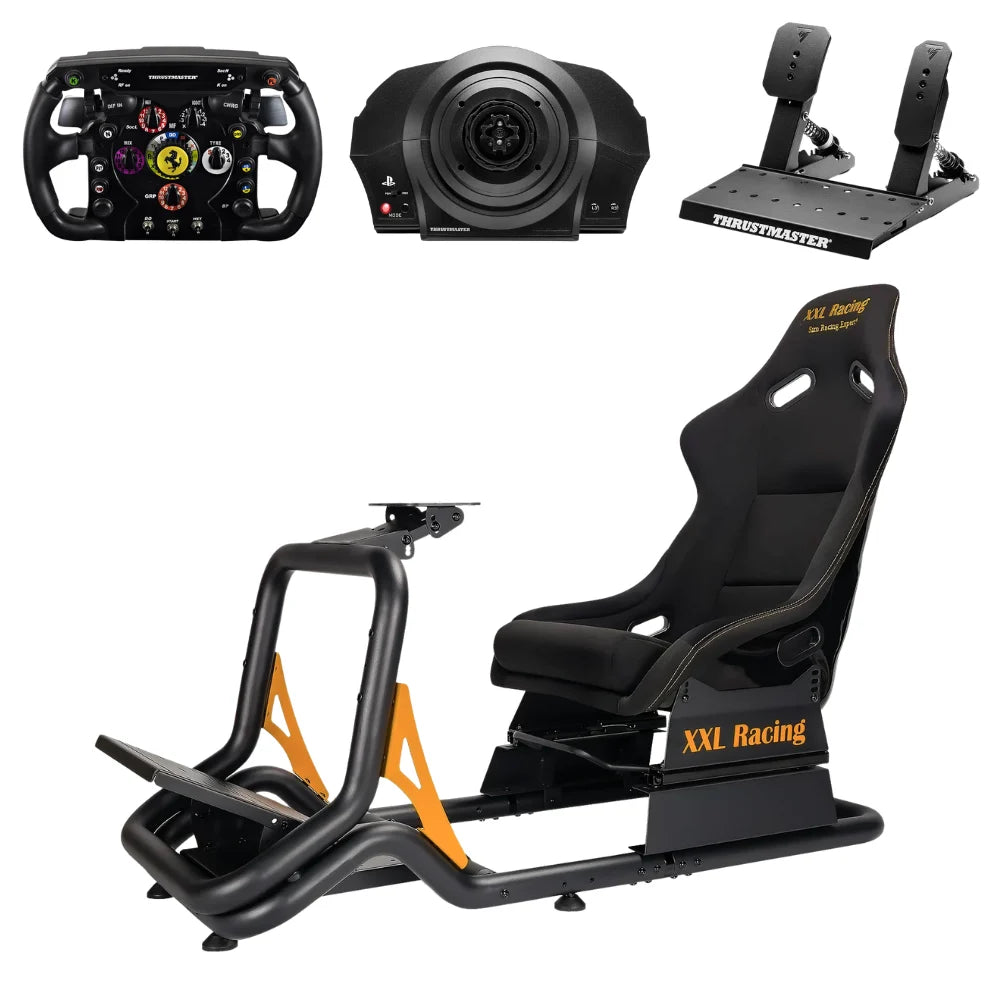 XXL Racing Competition Thrustmaster F1 bundel met racestoel, Ferrari F1 stuur, T300 RS wheelbase en pedalen, schuin vooraanzicht