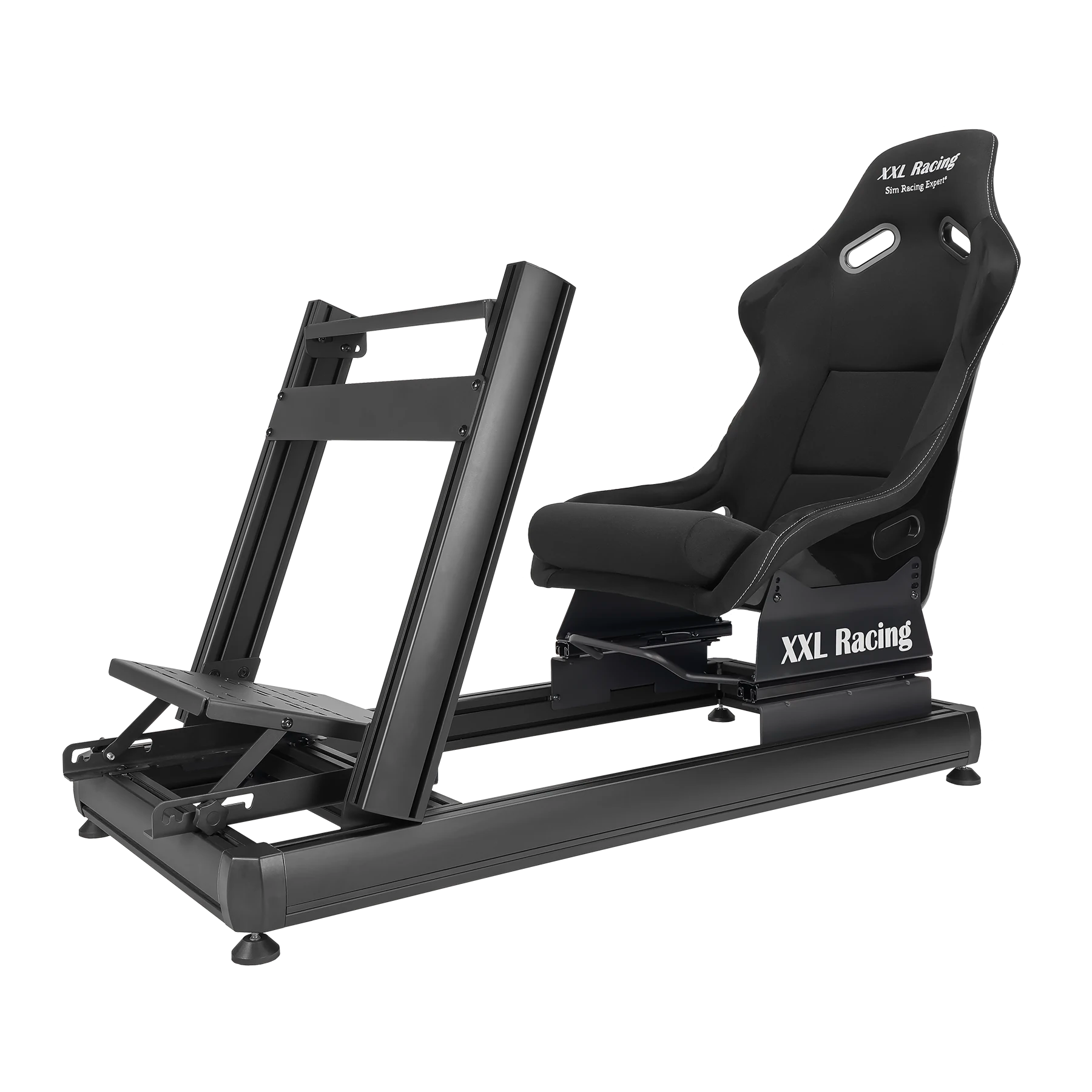 Schuin vooraanzicht van de XXL Racing Monzano cockpit met verstelbare stuurplaat en bucketseat